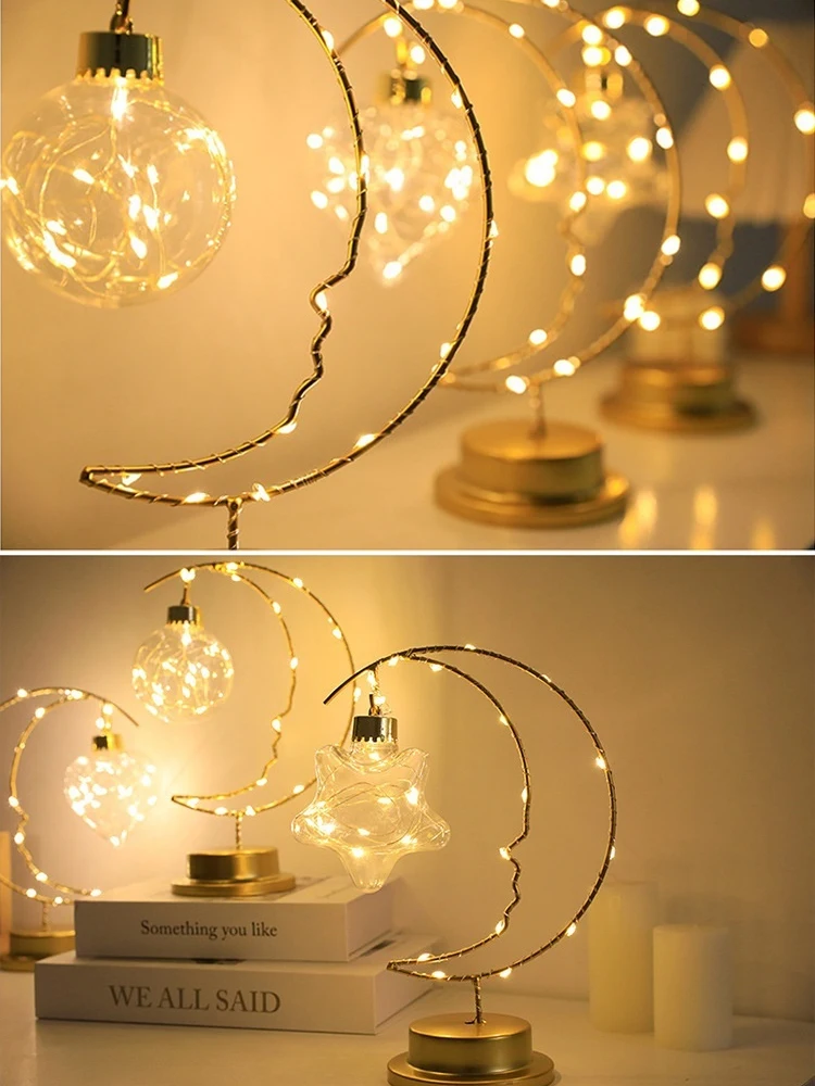 Romantic Starry Moon LED Night Light - Heart-Shaped Iron Decor, Perfect Gift for Bedroom