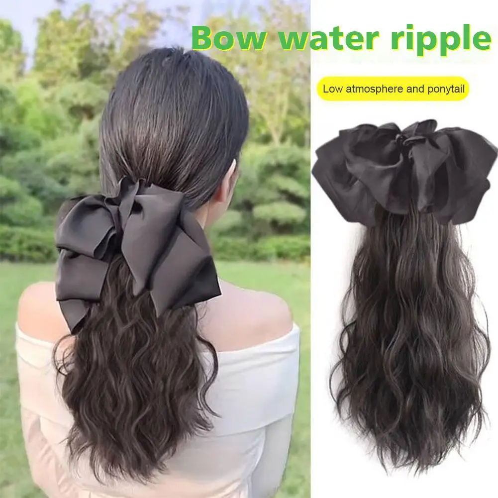 Bow Wig Women\'s Medium Length Hair Detachable Bow High Ponytail Water Ripple Low Tie Wig Braid