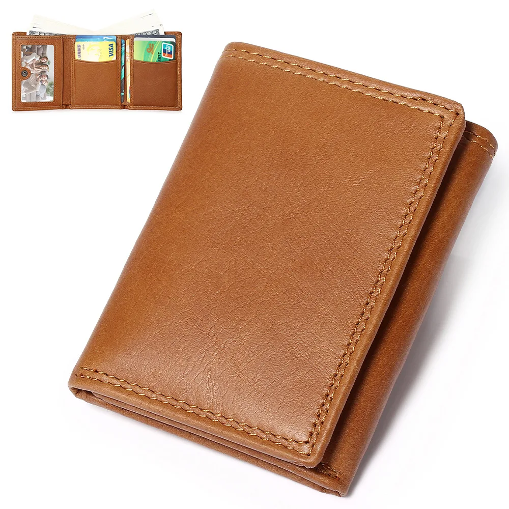 Cartera Trifold para Hombre de Cuero Genuino, Monedero Compacto Corto de Piel de Vacuno de Primera Calidad, Tarjetero de Negocios con Múltiples Ranuras y Gran Capacidad