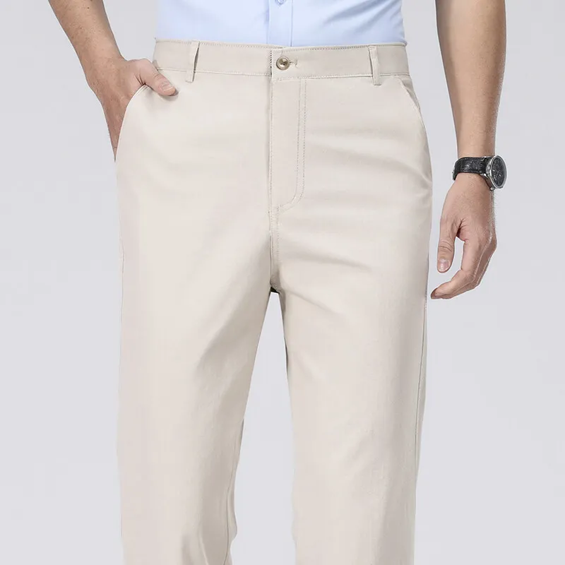 Spring Summer Cotton Suit Pants Men Solid Color Smart Casual Dress Trousers Man Lightweight Zipper Fly Straight Breathable Pants