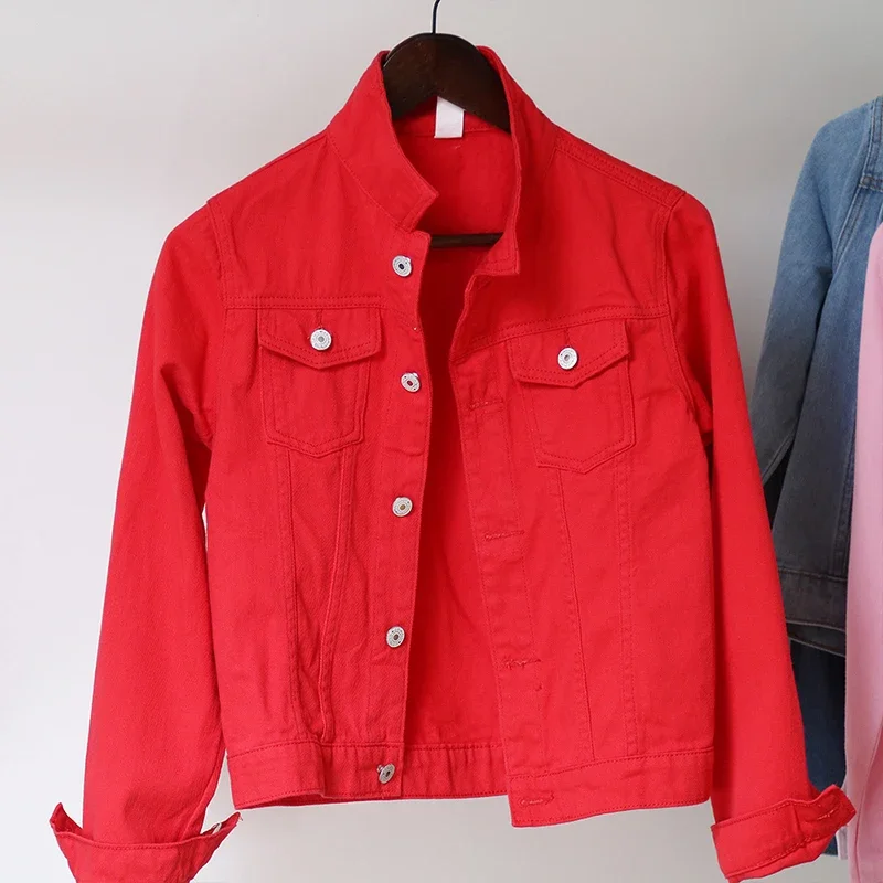 แจ็กเก็ตยีนส์สีพื้นสำหรับผู้หญิง, ใหม่เสื้อแจ็กเก็ตยีนส์2024ลำลองขาสั้นสำหรับฤดูใบไม้ผลิและฤดูใบไม้ร่วงฉบับภาษาเกาหลี