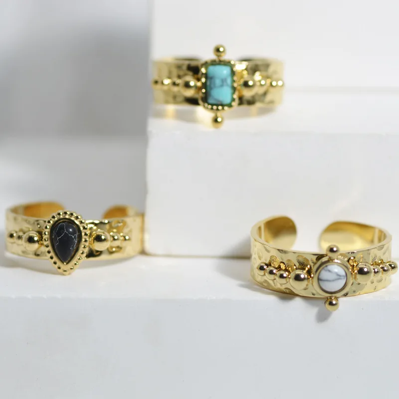 

Luxury 18K Gold Plated Stainless Steel Rings for Women Black White Blue Natural Stone Trendy Vintage Aesthetic Jewelry