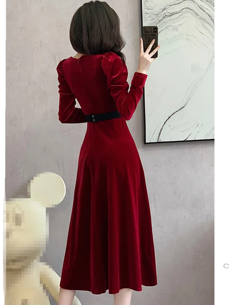 SMTHMA New Fashion Light Luxury Celebrity Velvet Dress Women\'s Square Neck Puff Sleeve Red Black Party Dress With Diamonds Belt