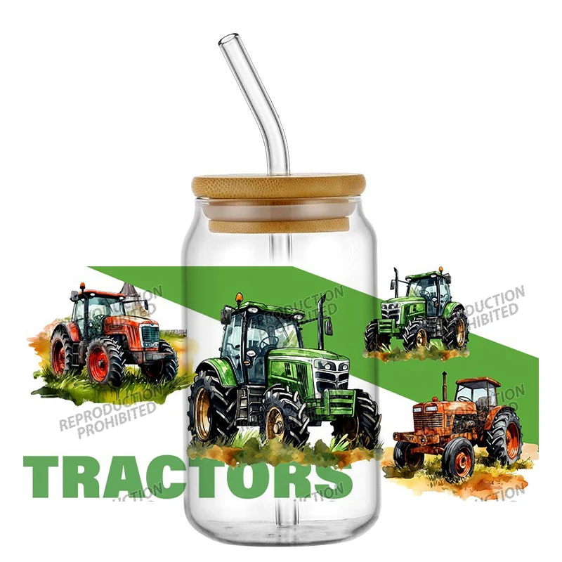 Cartoon Tractors Pattern For Libbey 16oz Can Glass 3D Waterproof UV DTF Coffee Can Wrap Libbey Glass Wrap