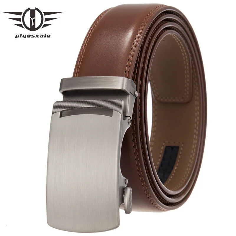 Plyesxale Automatic Buckles Men's Belts 3.5cm Width Leather Ratchet Waistband Belt for Men Wedding Business Waist Strap B1099