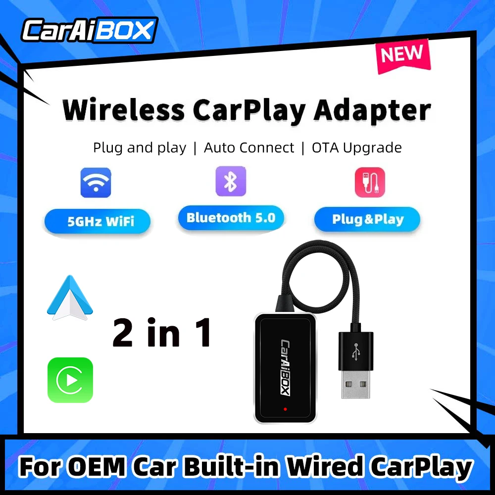 CarAiBOX Car Accessories Wireless CarPlay Android Auto Adapter smart Box Plug And Play 5GHz WiFi Fast Connect 2 in 1 Wireles