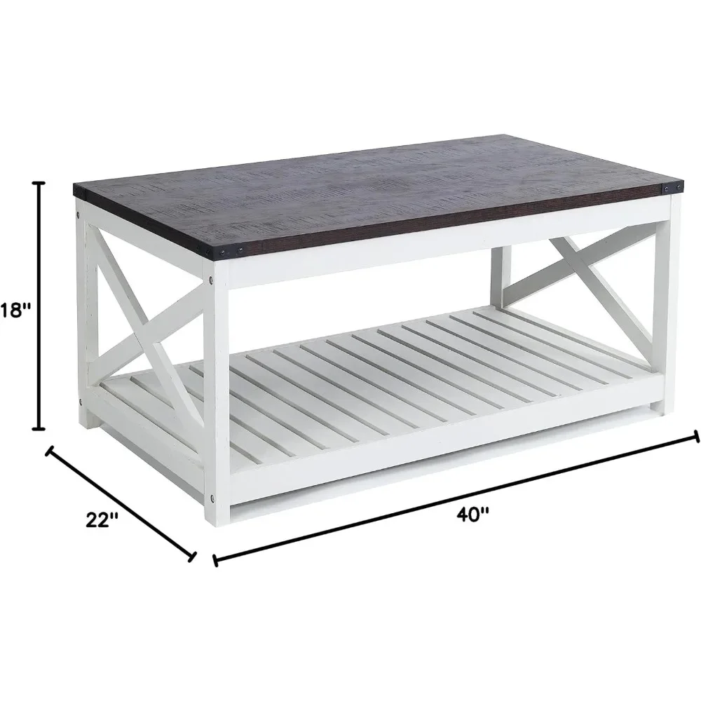 Mesa de centro Farmhouse com prateleira de ripas e proteção de canto, 40 polegadas, branco vintage/espresso