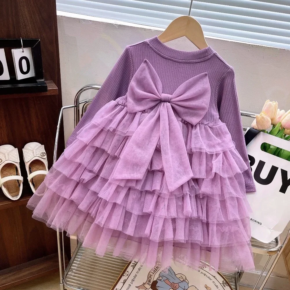 

Фиолетовые новогодние вечерние платья принцессы для девочек, весна-осень 2021, новое сетчатое платье для торта с длинными рукавами и бантом