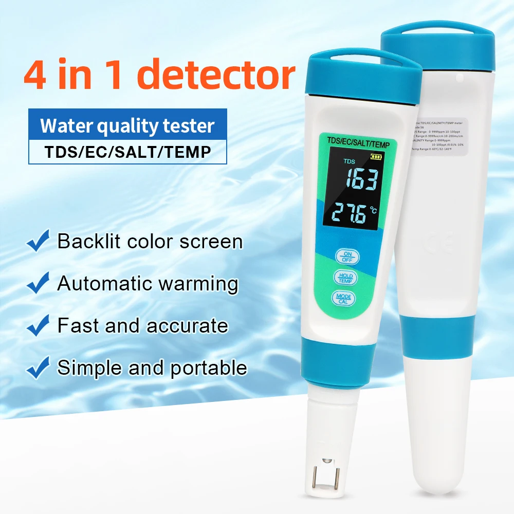 

4 in 1 Salinometer TDS EC SALT Temp Meter Water Quality Tester for Drinking Water Aquarium Salinity Meter Automatic calibration