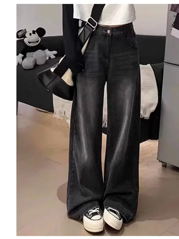 High Waist Wide Leg Straight Cut Jeans for Women in Grey Black Fall New Style Loose plus Size Slimming for Pear Shaped Body