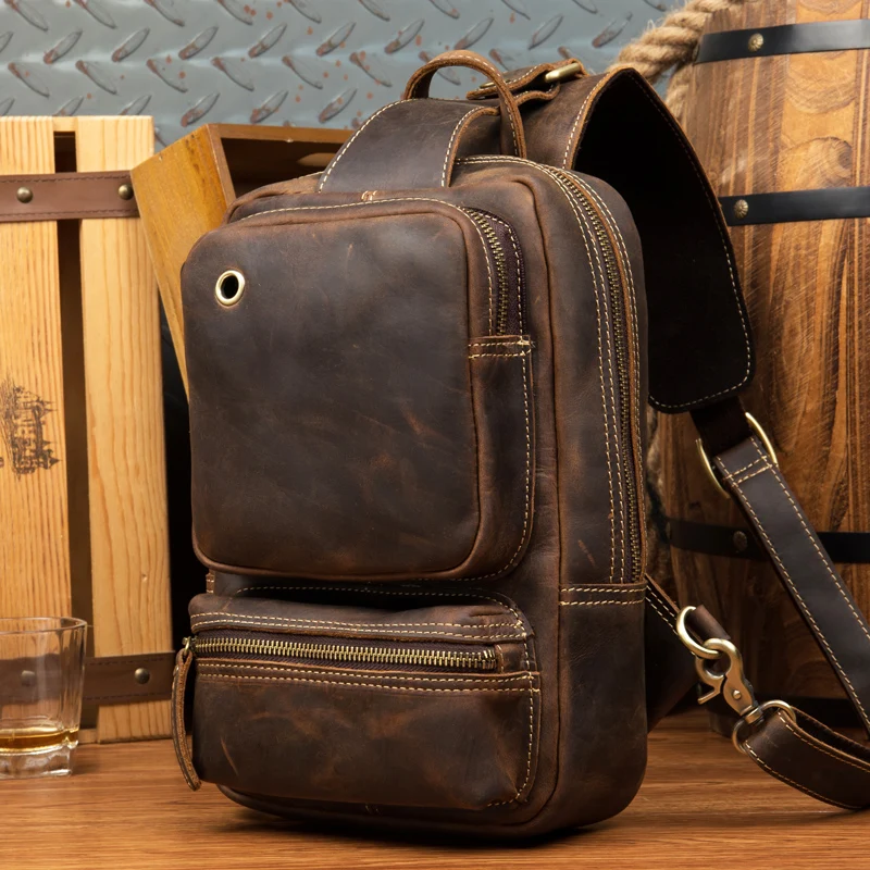 

Retro handmade leather chest bag men's leather crossbody bag crazy horse leather chest bag with leather shoulder bag