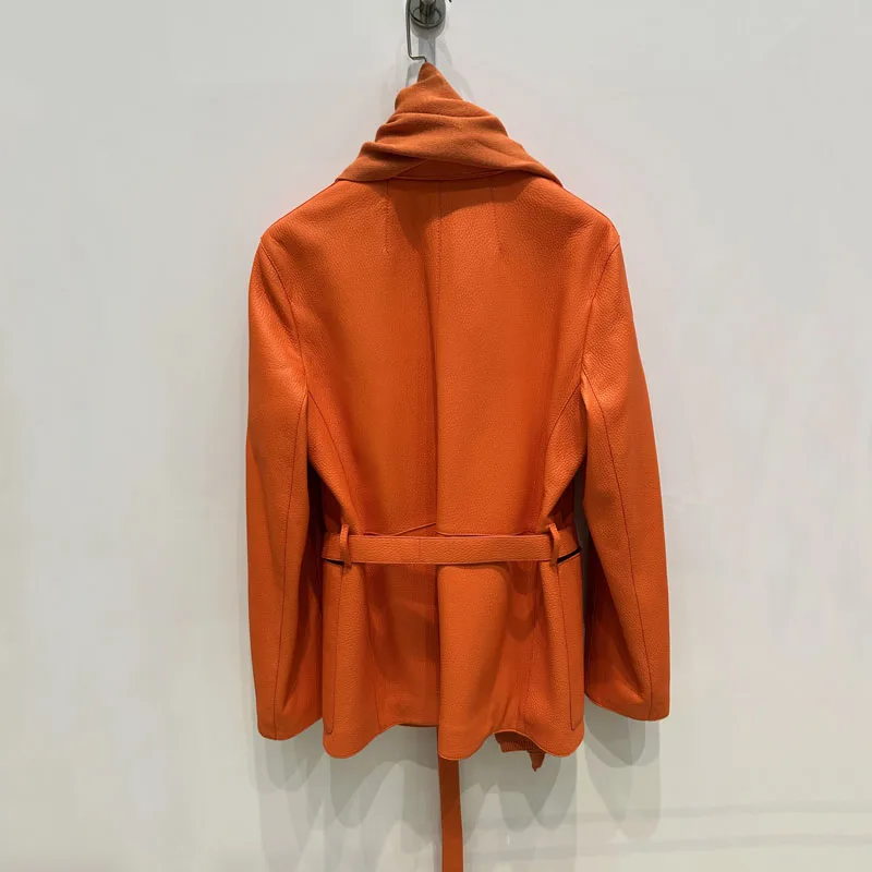 Luxurious scarf suit style women coat spring and autumn 2025 new fashion genuine leather jacket with belt