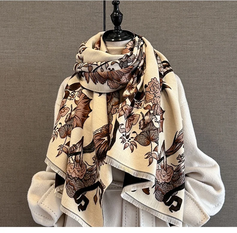 Luxus Winter Kaschmir Schal Frauen Warme Pashmina Decke Poncho Schals Weibliche Schmetterling Druck Schal Dicke Foulard Bufanda – Detail 2
