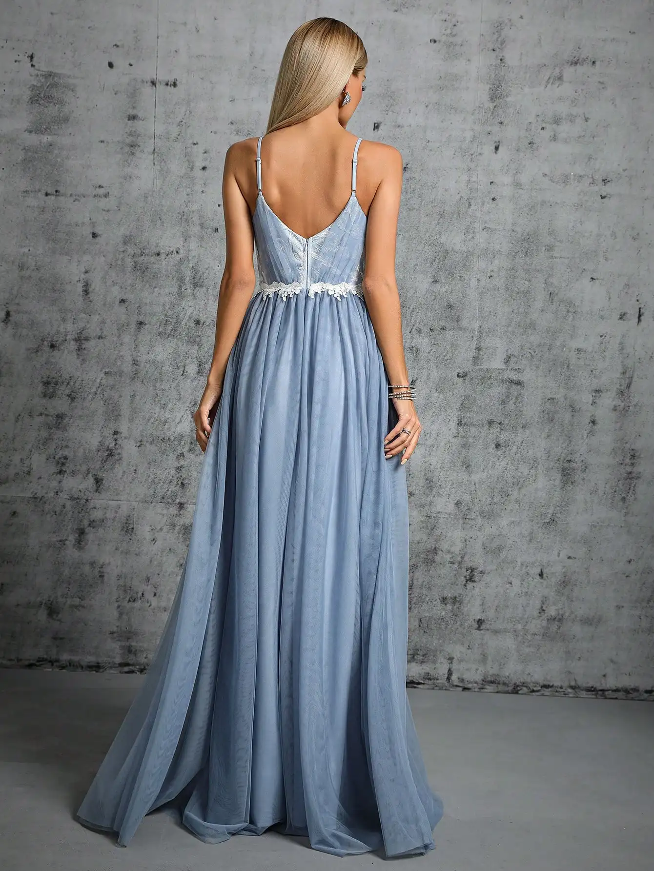 Mgiacy Halter mesh cross folding lace contrasting long dress Evening gown Ball dress Party dress Bridesmaid dress