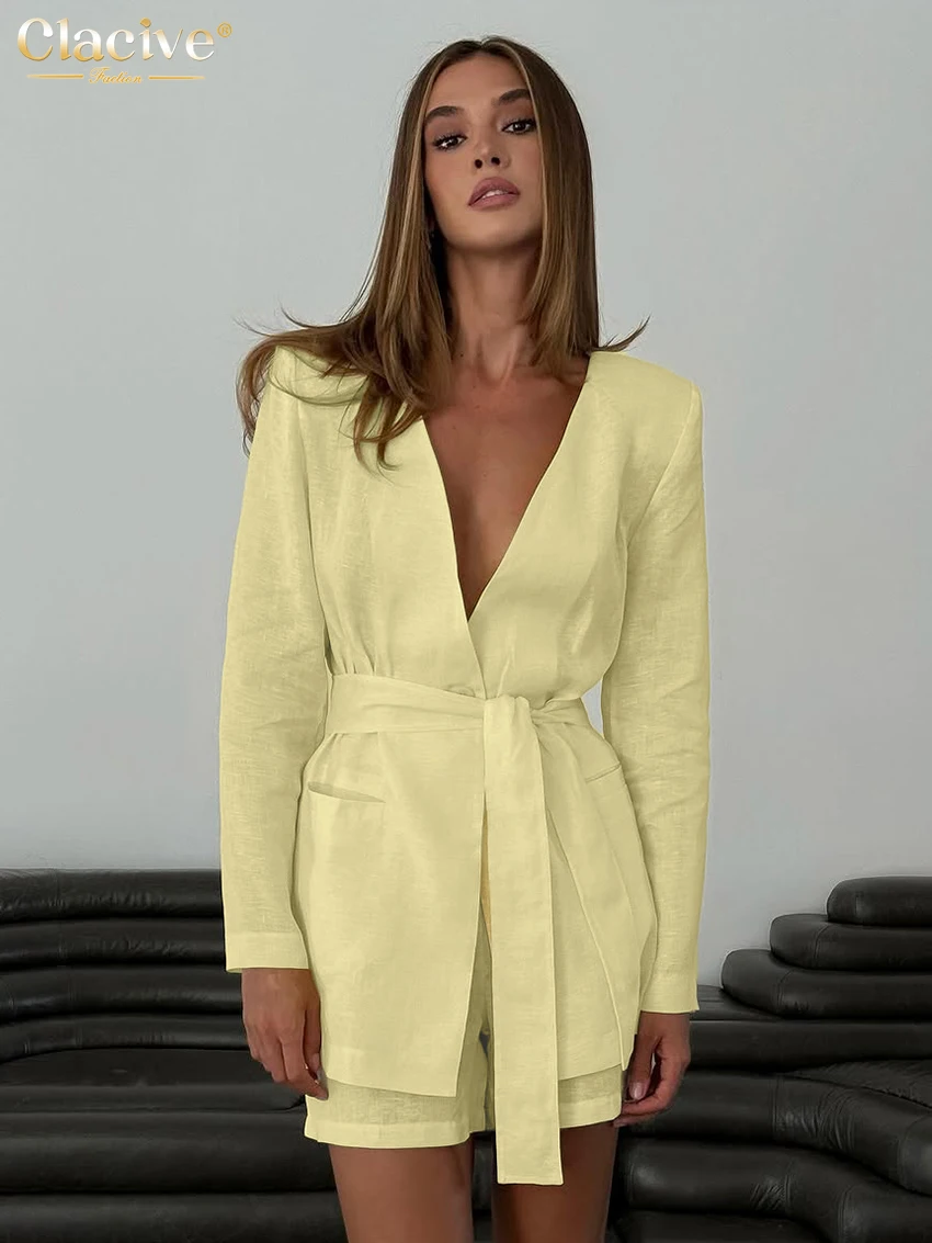 

Clacive Fashion Loose Yellow Cotton 2 Pieces Set Woman Elegant Long Sleeve Shirt With High Waist Shorts Set Female Streetwear