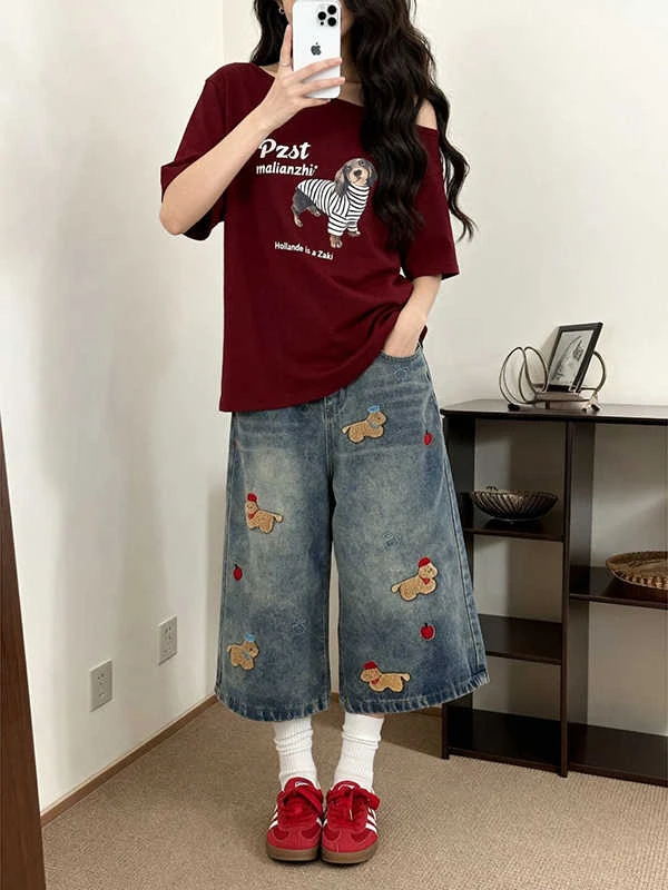 

American Style Fun Dog Embroidery Seven-Five Jeans Women Summer Eight-Piece Middle Pants Poplar Straight Leg Six-Short Pants