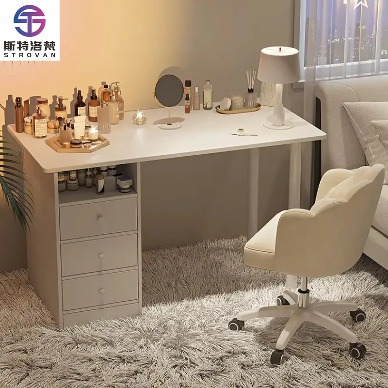 

Modern White Panel Vanity Table with 3 Drawers Rolling Stool Skincare Organizer Bedroom Furniture Home Decor Storage Cabinet