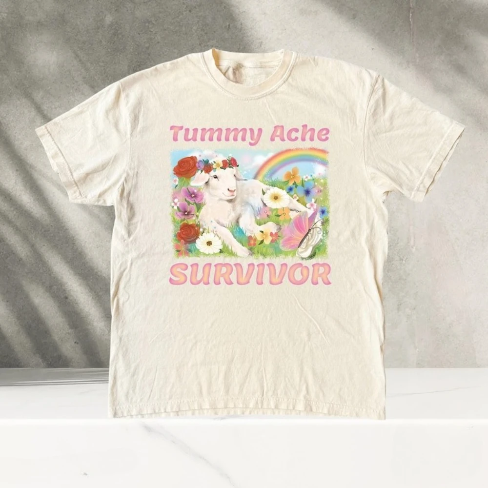 Tummy Ache Survivor Lamb Tshirt Cute Lamb Shirt Vintage T Shirt T-Shirt Funny Women Casual Cotton Tshirts Roupas Feminina
