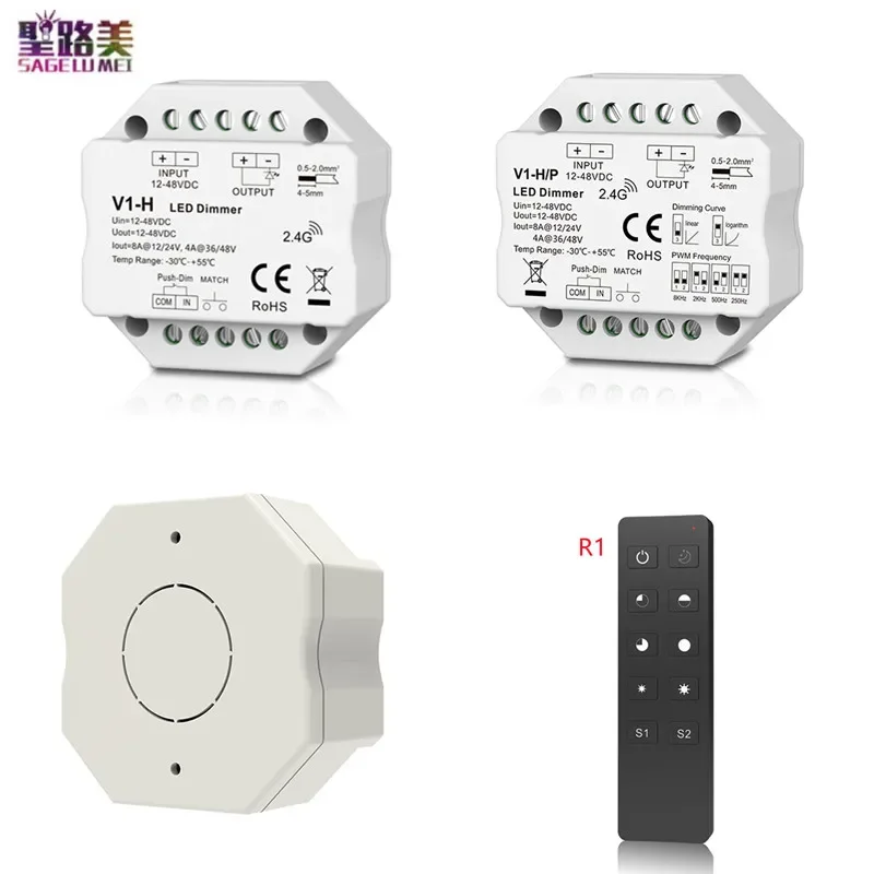 V1-H V1-H/P Single Color LED Dimmer Step-less/Push Dim Controller DC12-48V R1 1Zone Dimming RF Remote Control For LED strip Lamp