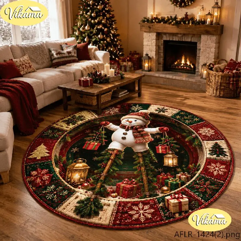 VIKAMA Christmas Round Rug Snowman on Stilts Gifts Lantern Area Rug Living Room Holiday Home Decor Aesthetic Art Large Premium