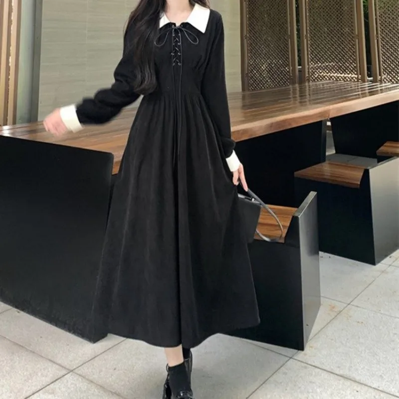 Women Vintage Corduroy Bandage Contrast Color High Waist Elegant Party Dresses Y2K Harajuku Long Sleeve Slim Midi Dress Vestidos