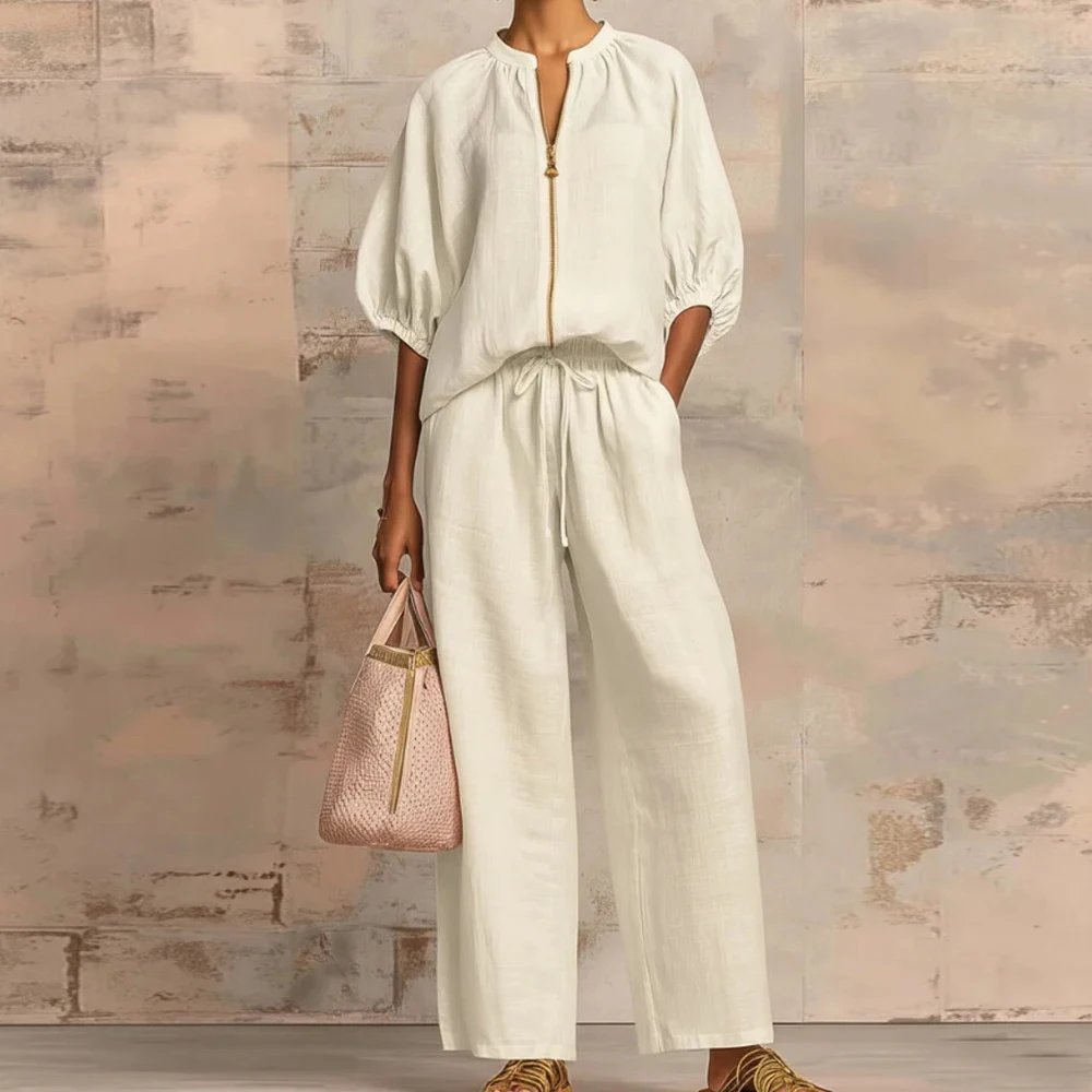 

Casual Solid Loose Outfit Zip Up Top and Loose Wide Leg Pants 2 Piece Set