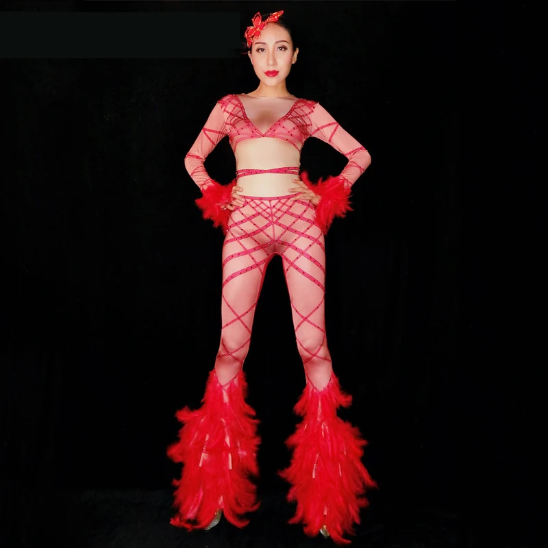 Women Sexy Red Feather Flared Jumpsuit  Fake Diamond Print Stretch Bodysuit Pole Dance Clothing Gogo Dancer Costume