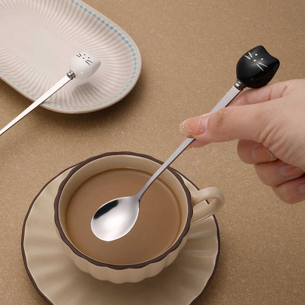 

6pcs Ceramic Cat Dessert Spoon Cute Stainless Steel Long Handle Coffee Stirrer Easy Clean Ladle Spoon Kitchen Barware