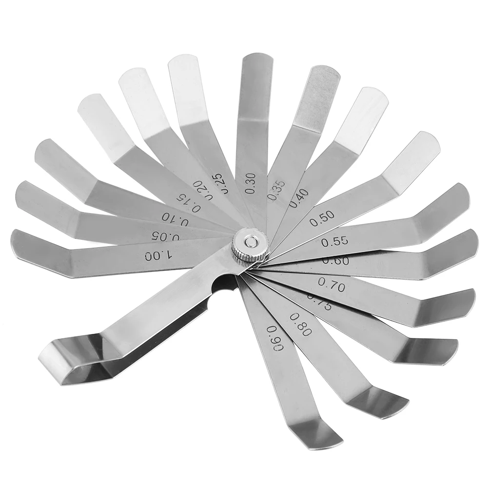 

1 set for 16 Blades Feeler Gauge 0.05 to 1mm Thickness Curved Stainless Steel Gap Metric Filler Feeler Gauge HOT 17 Blades