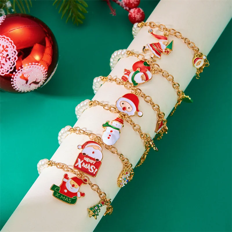 Christmas Imitation Pearl Santa Snowman Pendant Charm Bracelet Adjustable Bracelet For Women Girl New Year Party Jewelry Gift