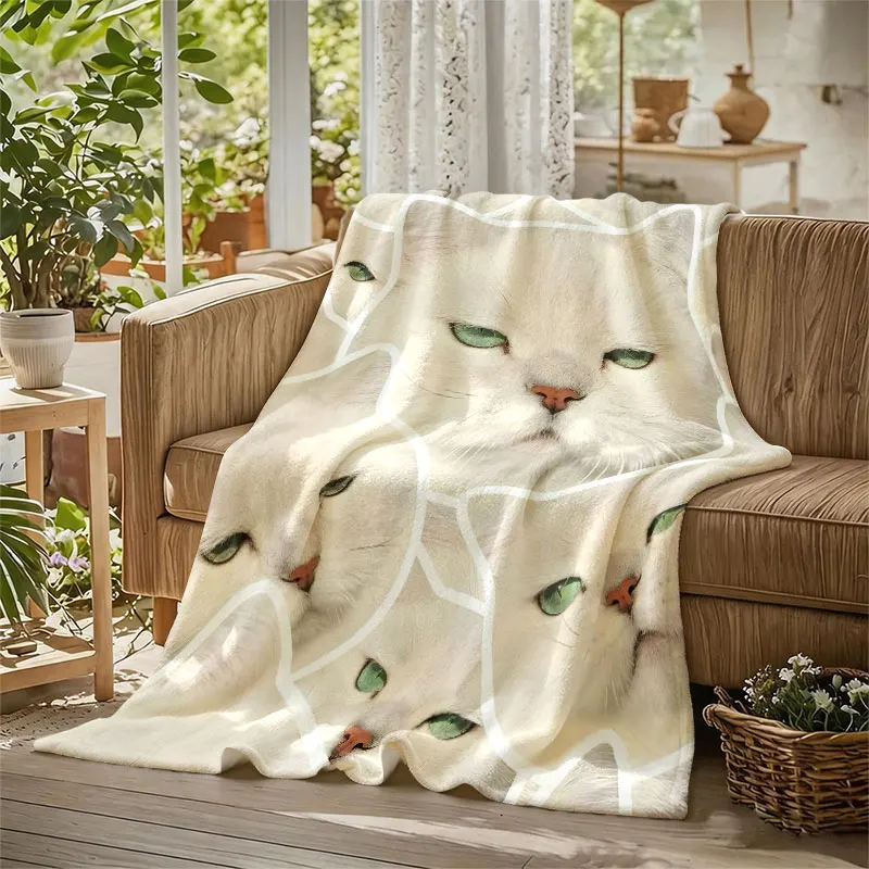 White Cat Sticker Flannel Blanket Warm Soft Halloween Christmas Decorative Couch Warm Cozy All-Season Gift