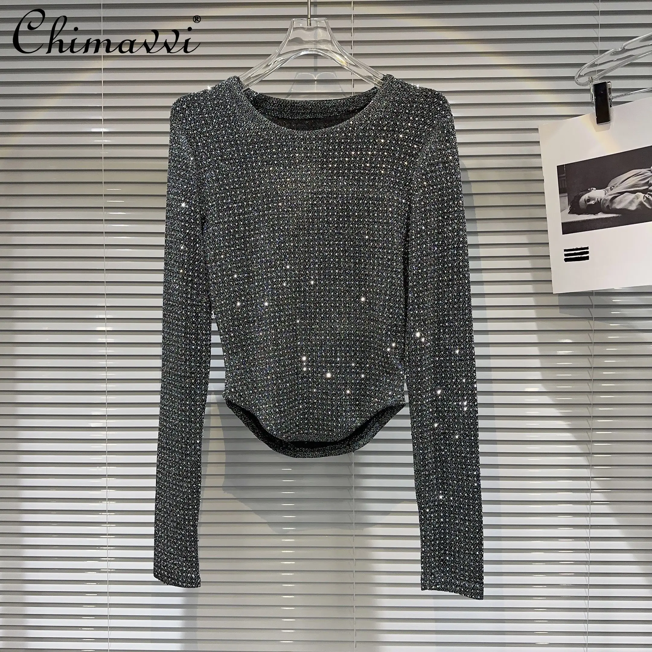 2024 Autumn Clothes New Fashion Hot Girl Full of Rhinestone Bright Silk Fabric Curved Edge Tee Tops Slim Fit Pullover T-shirt