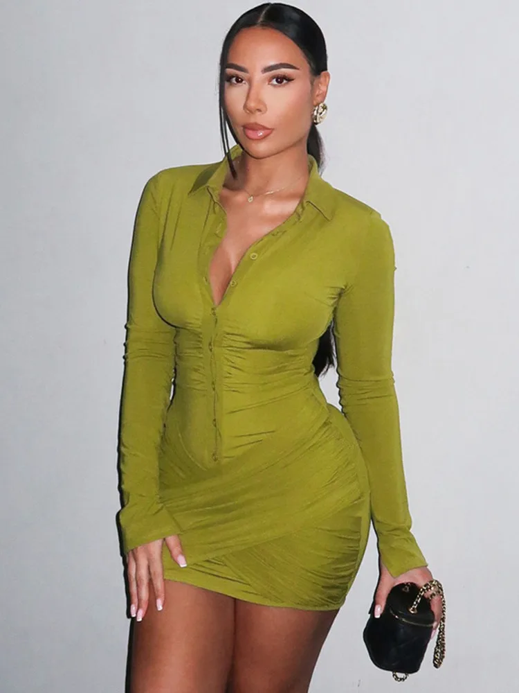 XIAOTANG – Mini robe froncée à manches longues pour femme, Sexy, mode automne-hiver, revers, simple boutonnage, taille haute, moulante, robes de Club