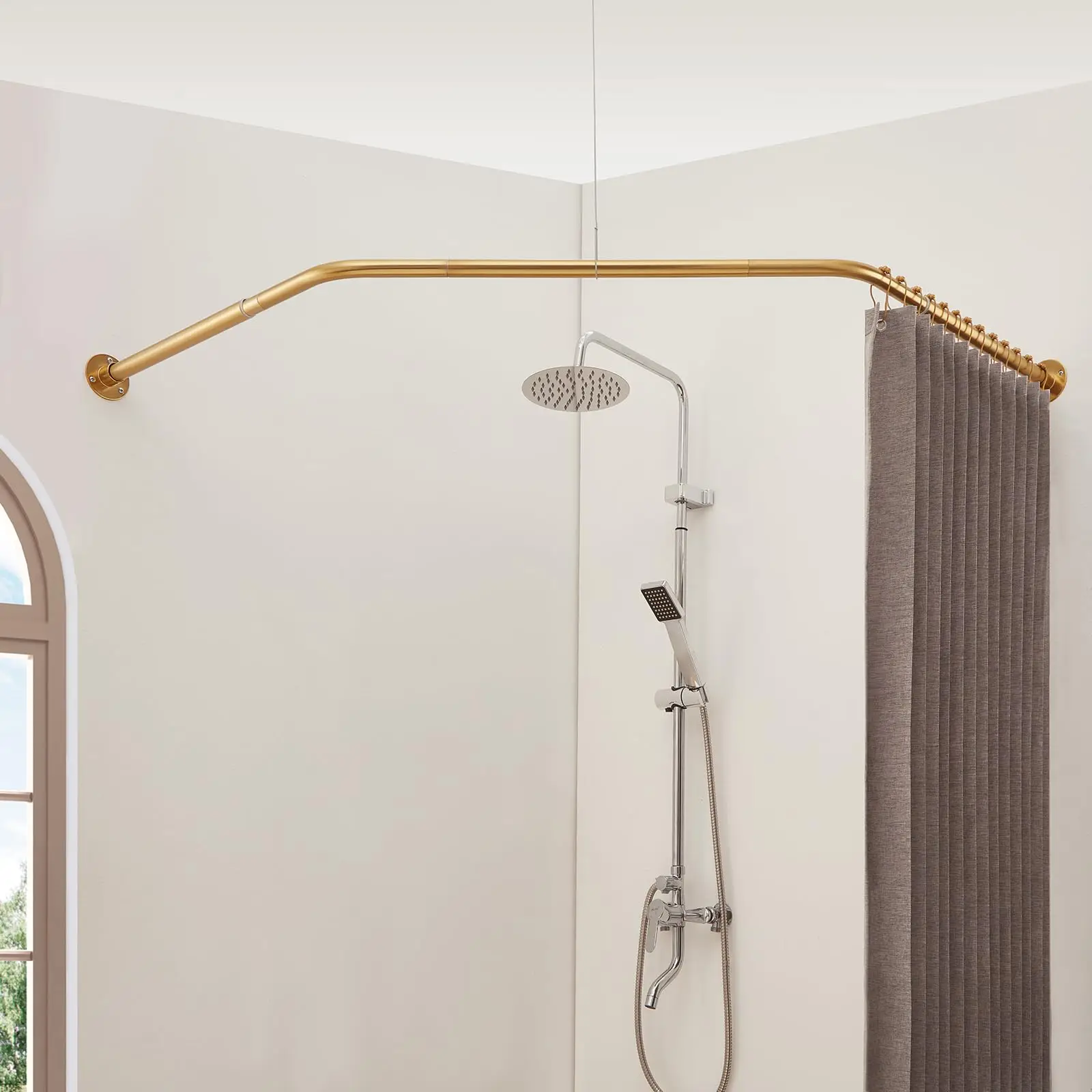 

Corner Shower Curtain Rod Telescopic Heavy Duty With Ceiling Support And 12 Hooks
