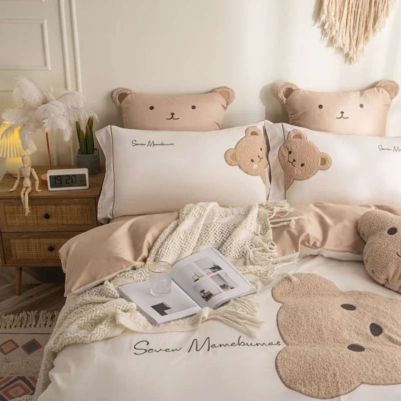 

Lovely Bear Embroidery Pure Cotton Bedding Set High-end 60s Long-staple Cotton Duvet Cover Set with Sheet Bed Set 3 Pcs To 7 Pcs