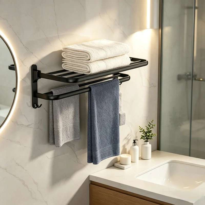Matte Black 50CM Aluminum Foldable Towel Rack, Wall‑Mount Towel Holder with Multi Hooks for Bathroom Kitchen Storage