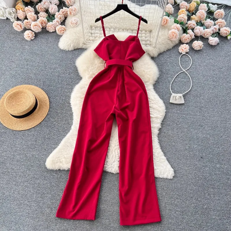 Summer New Style Fashionable Mature Style High-end Suspender Jumpsuit Women's High-waist Slim Slimming Wide-leg Trousers