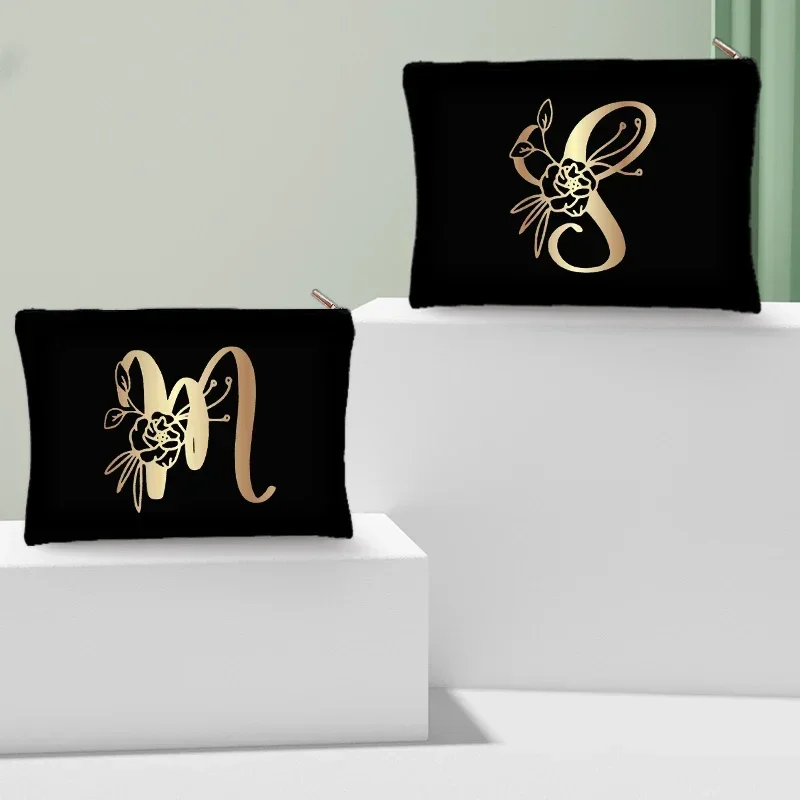 

Golden Floral Initial Makeup Case Black Zipper Pouch Bags Best Gift for Teacher Bridesmaid Bachelorette Party Gifts Small Bag