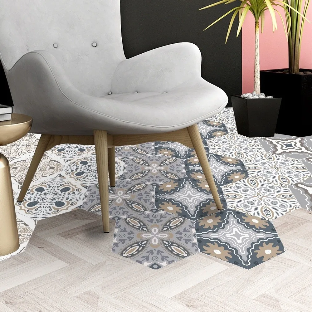 10pcs PVC Tile Stickers Self-Adhesive Mosaic Style Floor Stickers Hexagonal Pattern Peel and Stick Tiles Home Renovation