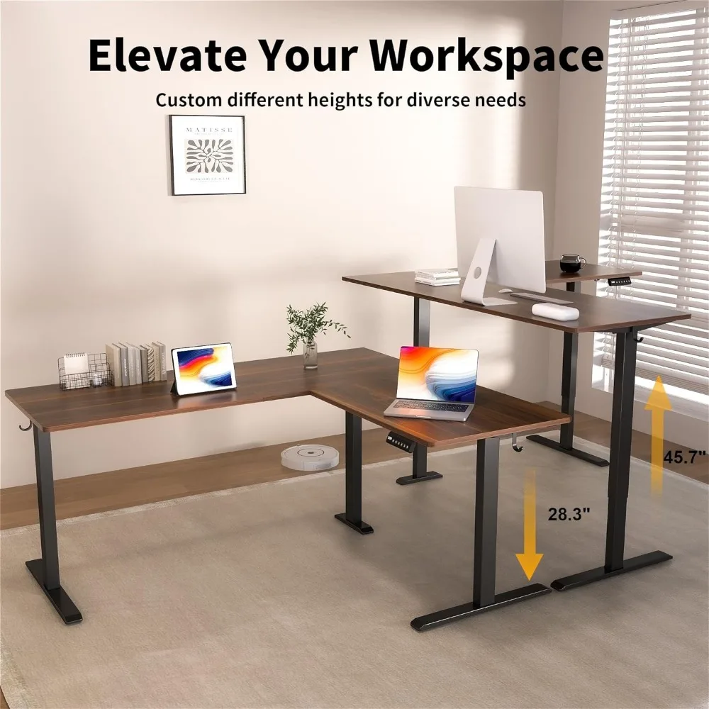 L-Shaped Electric Standing Desk, 63x55 Inch, Walnut, Adjustable Height, Wheeled, Ergonomic, Modern Design