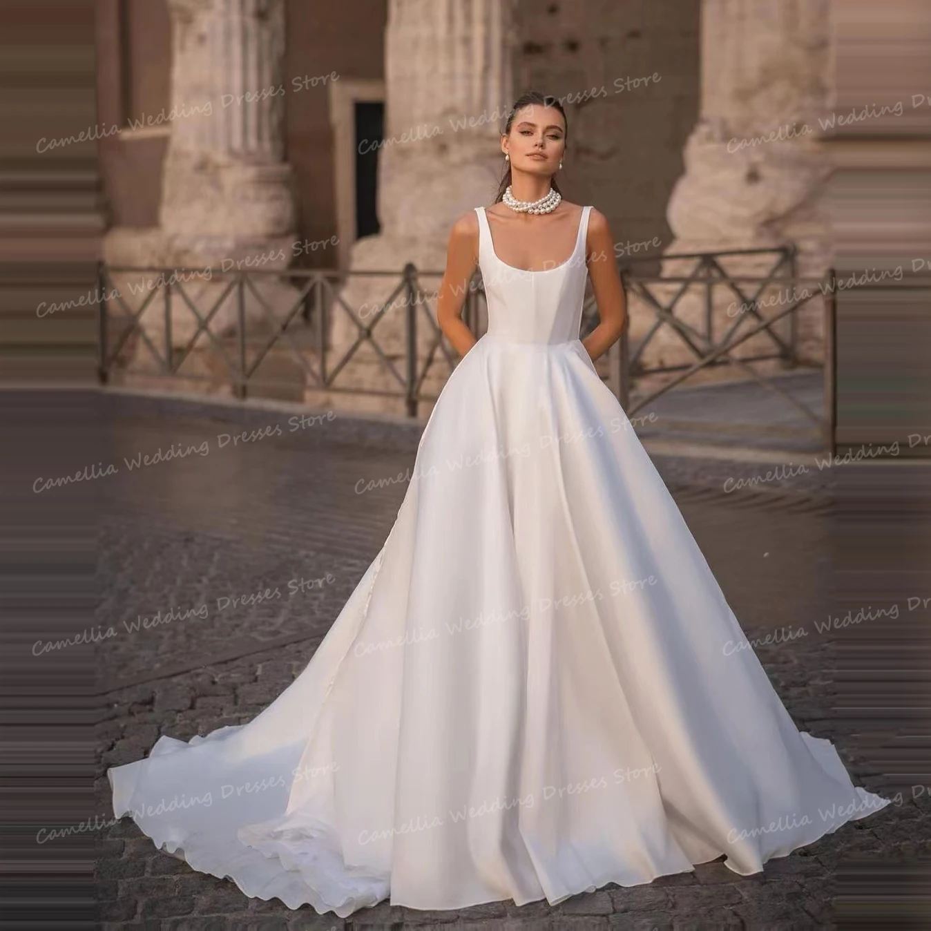 Luxury Square Collar Wedding Dresses A Line Women's Sexy Sleeveless For Bridal Gowns Sweep Train Elegant Vestidos De Novias 2024