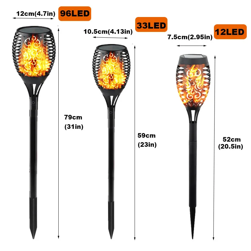 Torche Solaire à 12/33/96 LED Imperméable à Induction, Luminaire Décoratif d\'Extérieur, Idéal pour un Jardin, une Pelouse, une Cour ou un Camping