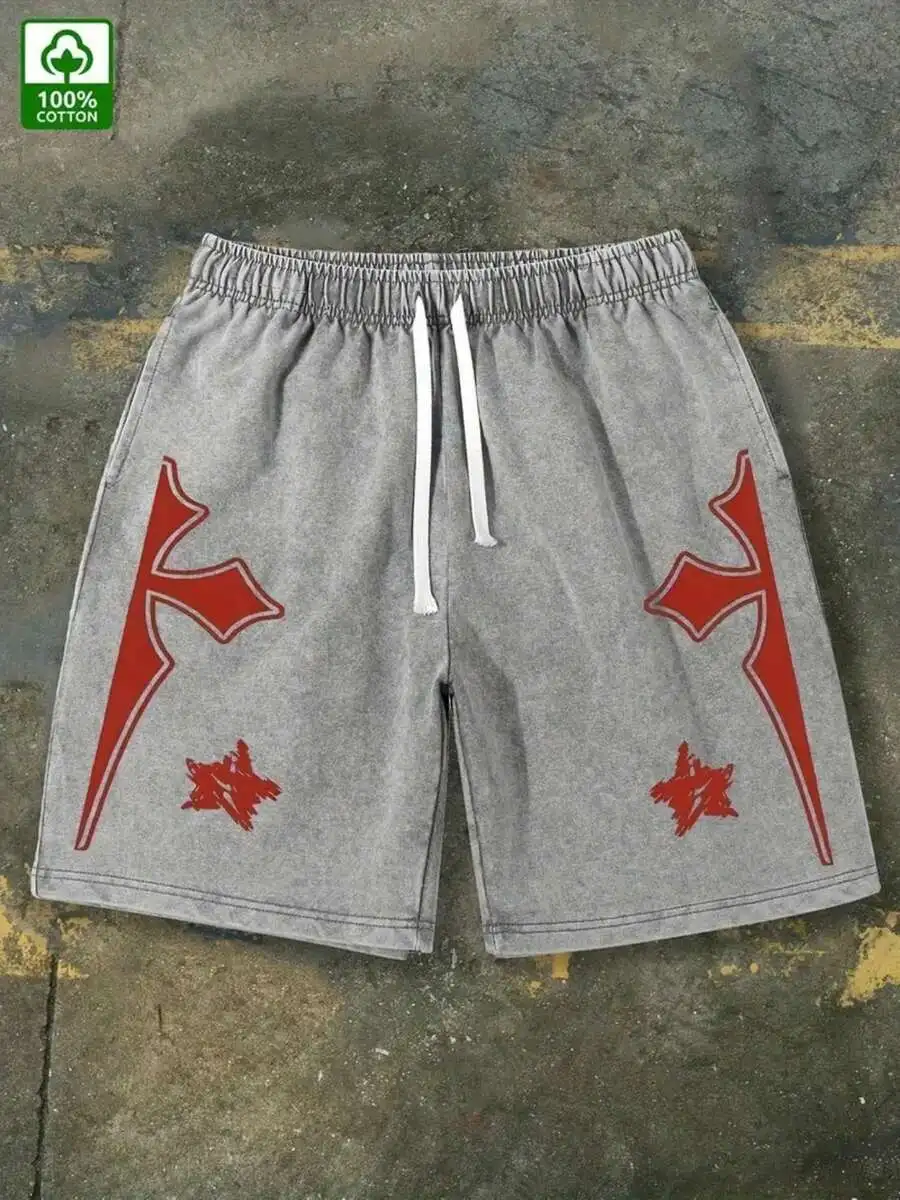 

Mens 100% Cotton Washed Vintage Shorts With Symmetrical Red Print Loose Fit Casual Drawstring Shorts