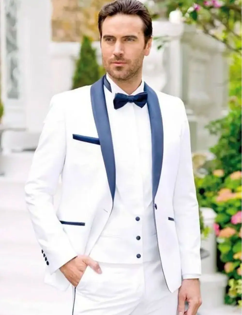 

New Arrivals One Button White Groom Tuxedos Shawl Lapel Groomsmen Best Mens Wedding Suits (Jacket+Pants+Vest)