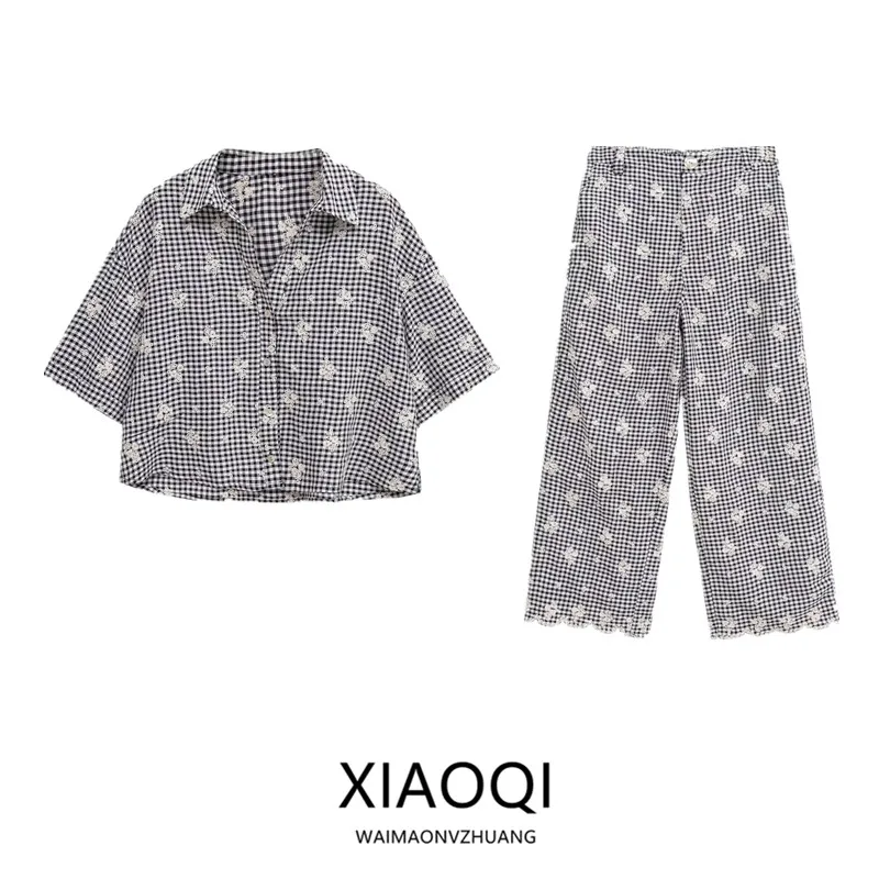 

Лето 2023, женские длинные брюки с высокой талией и вышивкой моды, комплект из двух предметов без бренда