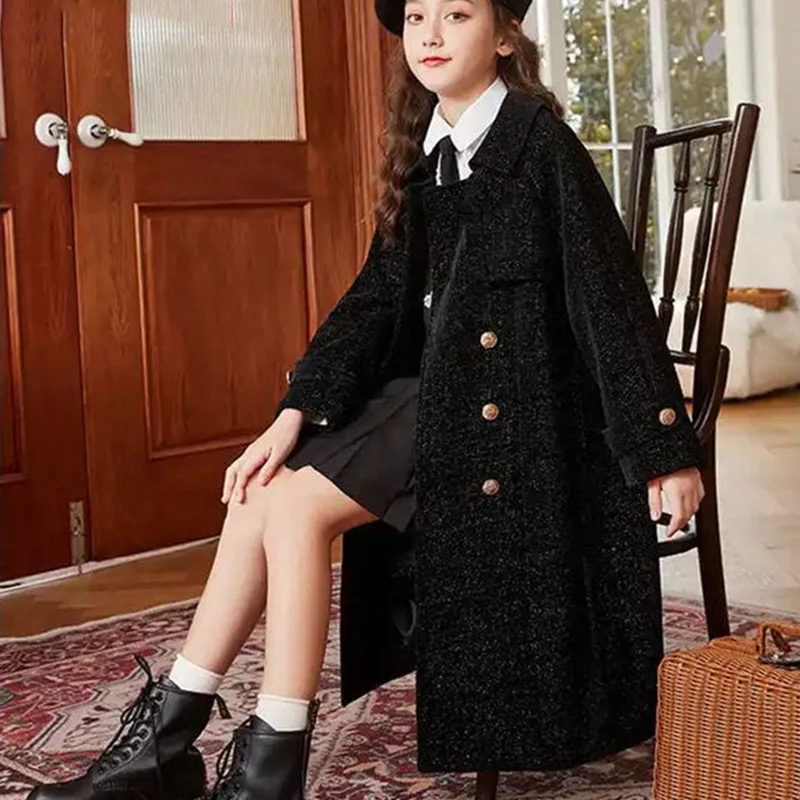 Girls Kids Woolen Coat Jacket Overcoat 2023 Black Warm Thicken Winter Cotton Plus  Size Children\'s Clothing