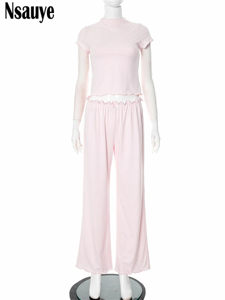 Nsauye Casual 2 Piece Set Elegant Tracksuit Women Short Sleeve Shirt Tops+Wide Leg Pants Summer Sports Matching Outfits 2025