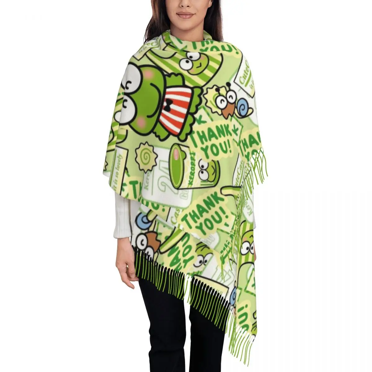 

Длинные женские шарфы с героями мультфильмов KeroKeroppi на заказ, женские зимние толстые теплые шаль с кисточками, шарф