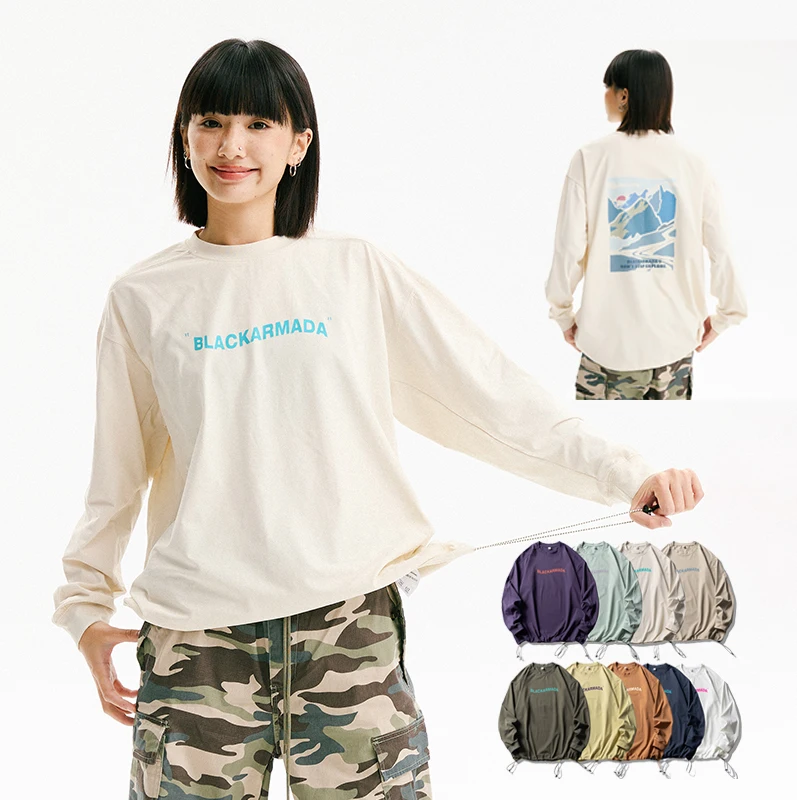 Unisex Oversized Drawstring Hem Long Sleeve T-Shirt Mountain Print Casual Outdoor Hiking Crew Neck Soft Loose Basic Tee