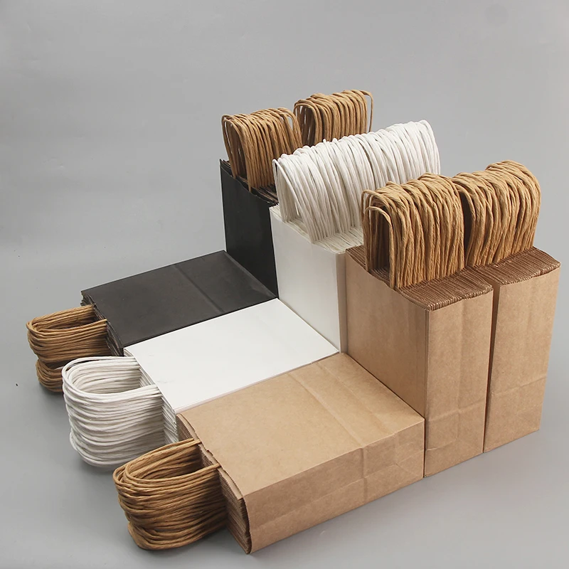 Bulk Kraft Paper Bags with Handles – Brown/White/Black, Strong Textured Handles for Retail, Grocery, Boutique, Supermarket